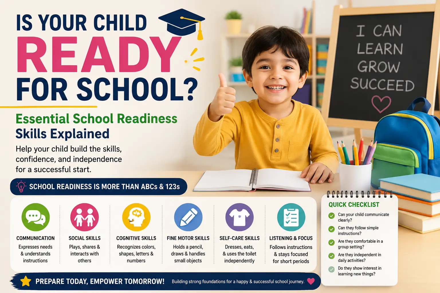 school readiness skills for preschoolers, signs child is ready for school, school readiness checklist for parents, early learning skills for kids